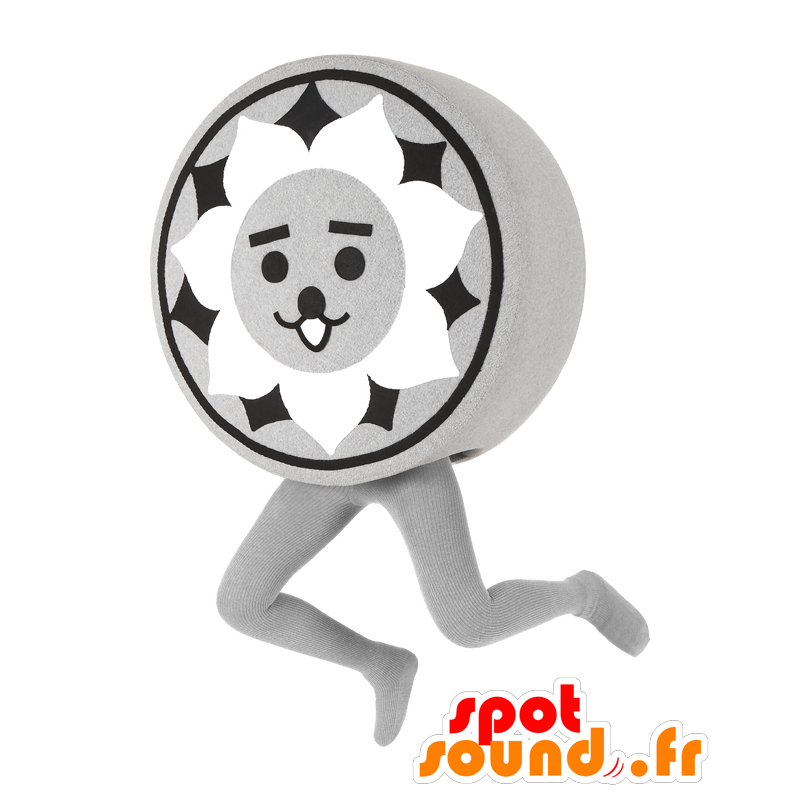 Maskotgrå, hvid, sort og rund, pokerchip - Spotsound maskot