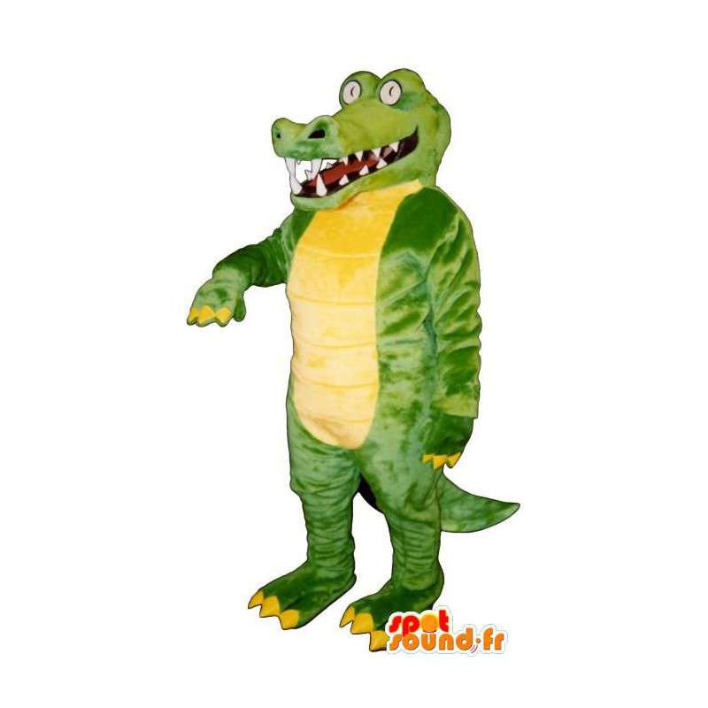 Mascote de dinossauro roxo e verde com um grande focinho