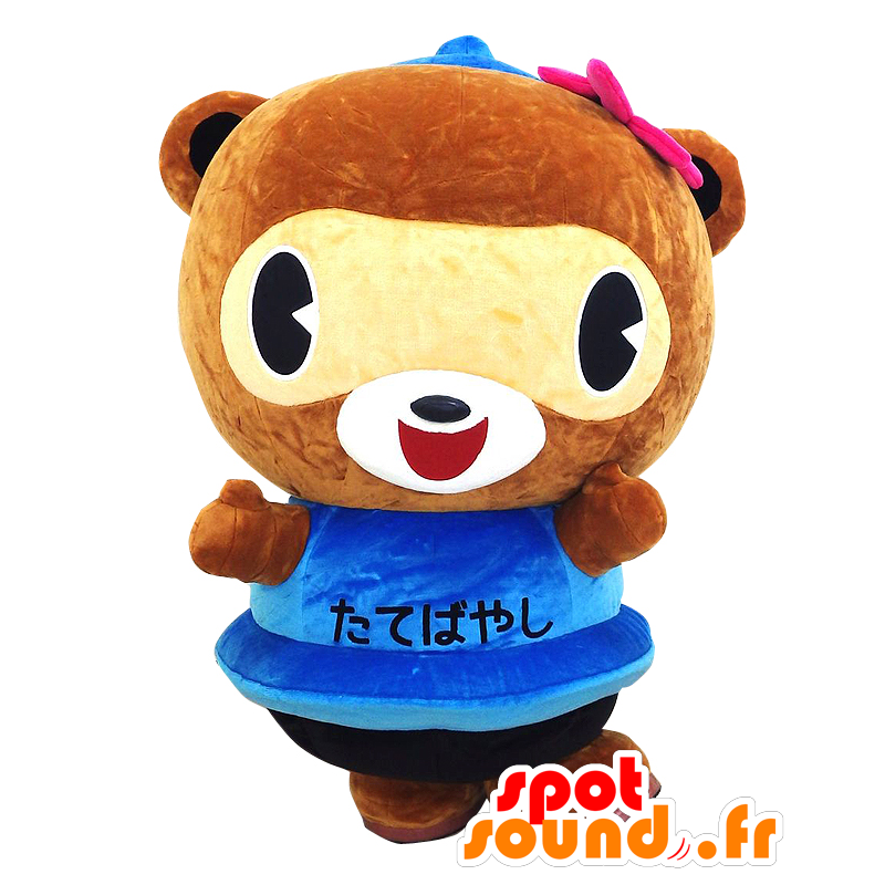 Mascotte de Pon-chan, marron et jaune, en robe bleue - MASFR26497 - Mascottes Yuru-Chara Japonaises