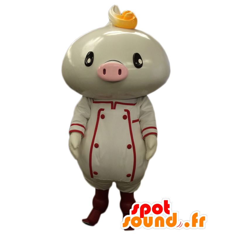 Mascot Nick Mann, weiß und rosa Schwein mit Schürze - MASFR27041 - Yuru-Chara japanischen Maskottchen