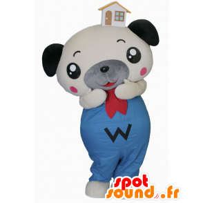 Witte hond mascotte, grijs en blauw met een huis op de kop - MASFR27151 - Yuru-Chara Japanse Mascottes