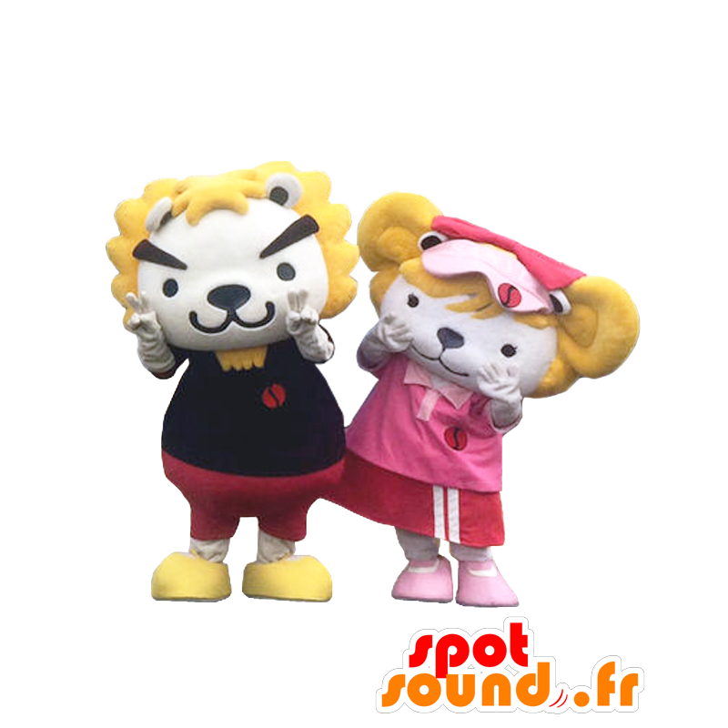 Mascottes de Gaou Round et Sandy, 2 lions blancs et jaunes - MASFR27156 - Mascottes Yuru-Chara Japonaises