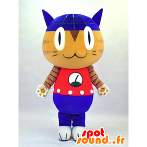 Mascotte de Robonya, chat beige et bleu en tenue rouge et bleue - MASFR27337 - Mascottes Yuru-Chara Japonaises