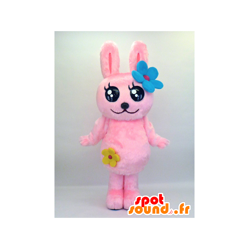 ゆるキャラマスコット日本人 の 花と大きな目を持つ毛深いピンクのウサギのマスコット 色変更 変化なし 切る L 180 190センチ 撮影に最適 番号 服とは 写真にある場合 番号 付属品 番号