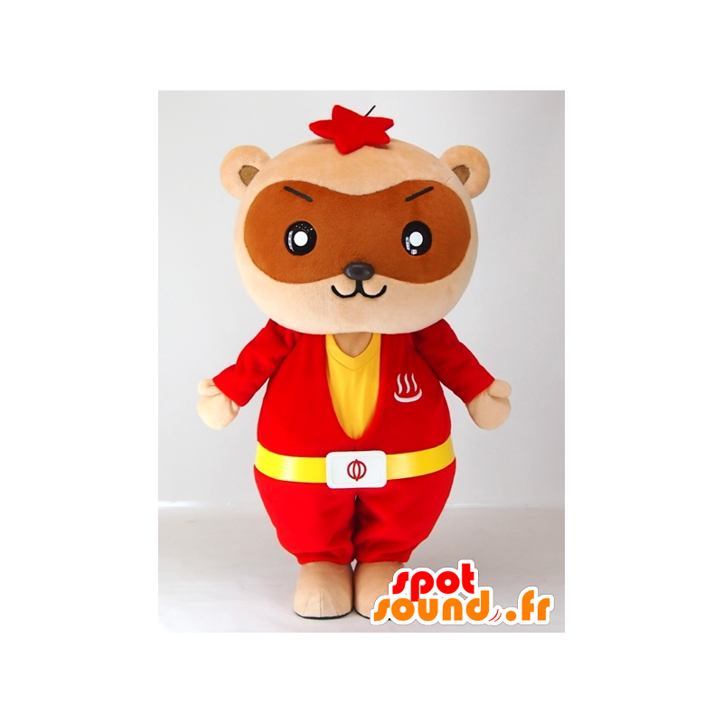 Mascot Yutapon Rood, wasbeer gekleed in rood en geel - MASFR27410 - Yuru-Chara Japanse Mascottes