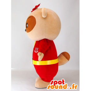 Mascot Yutapon Rood, wasbeer gekleed in rood en geel - MASFR27410 - Yuru-Chara Japanse Mascottes