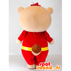 Mascot Yutapon Rood, wasbeer gekleed in rood en geel - MASFR27410 - Yuru-Chara Japanse Mascottes