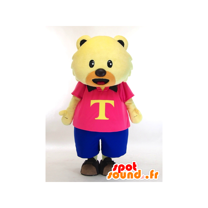 Tokki Maskottchen, gelb Teddybär in rosa und blau gekleidet - MASFR27434 - Yuru-Chara japanischen Maskottchen