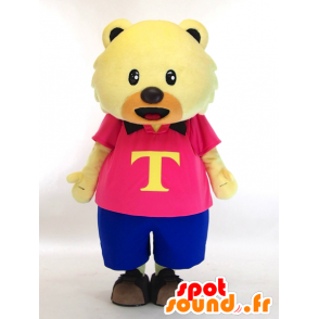 Mascot Tokki, amarelo urso de peluche vestido em rosa e azul - MASFR27434 - Yuru-Chara Mascotes japoneses