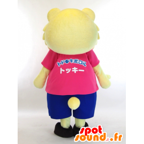 Tokki Maskottchen, gelb Teddybär in rosa und blau gekleidet - MASFR27434 - Yuru-Chara japanischen Maskottchen