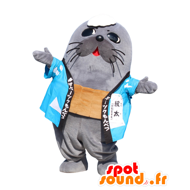 Mascota MonFutoshi, lobo marino gris con un kimono azul - MASFR27502 - Yuru-Chara mascotas japonesas