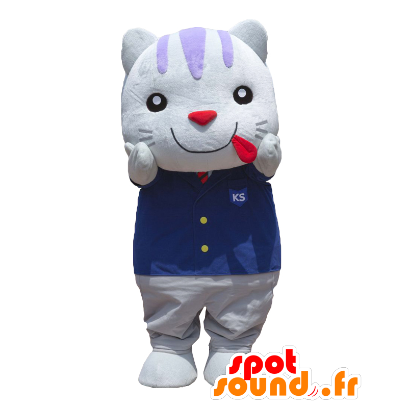 Kofu Showa mascot, white cat, dressed in a blue suit - MASFR27612 - Yuru-Chara Japanese mascots