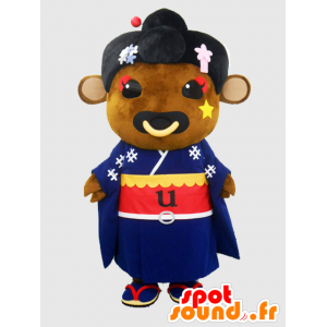 Mascot biceps. koe mascotte bruin, blauw kimono - MASFR27865 - Yuru-Chara Japanse Mascottes