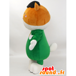 Nyanfu maskot. Hvid kat maskot, brunt tøj - Spotsound maskot