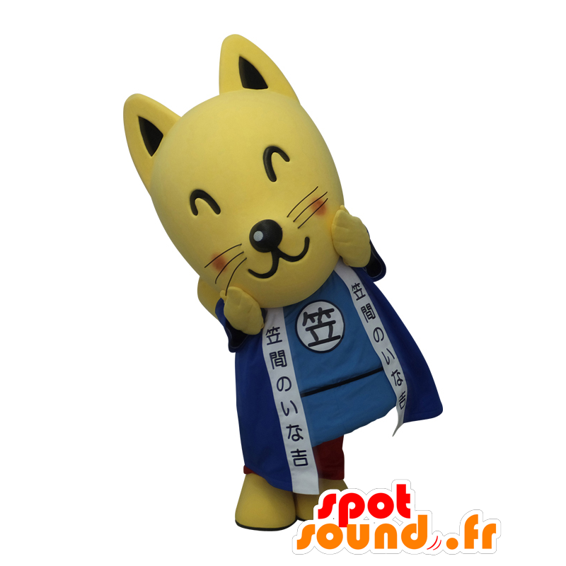 Mascot Kasama, keltainen kettu pukeutunut sinisellä kohteessa Mascottes  Yuru-Chara Japonaises Värinvaihto Ei muutosta Leikata L (180-190 cm)  Luonnos ennen valmistusta (2D) Ei Vaatteiden kanssa? (jos valokuvassa) Ei  Lisätarvikkeet Ei