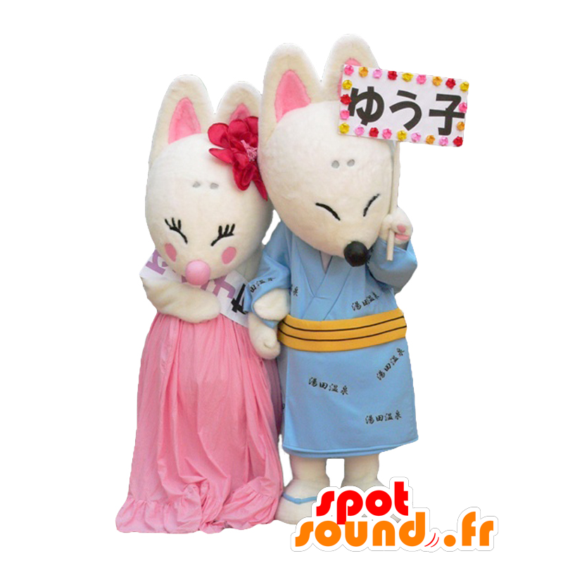 Mascotes Yuta e Yuko, duas raposas brancas e rosas - MASFR28010 - Yuru-Chara Mascotes japoneses