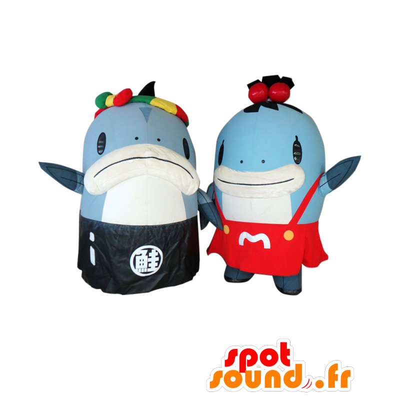 Maskoter Laks-kun og Miyako-chan. 2 blå og hvit laks - MASFR28063 - Yuru-Chara japanske Mascots