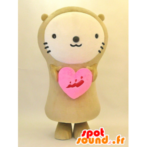 Mirakko mascot. Beige teddy mascot with a heart - MASFR28294 - Yuru-Chara Japanese mascots