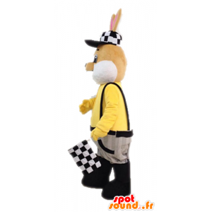 Mascote coelho castanho e branco vestida em macaco - MASFR028715 - coelhos mascote