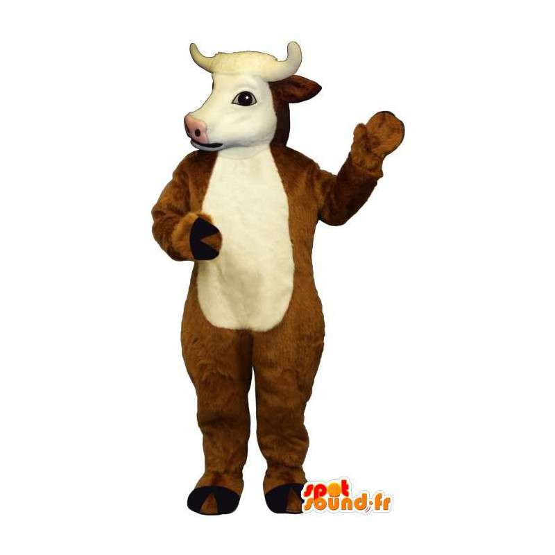 Personaje de traje de mascota de vaca beige vestido con un chaleco