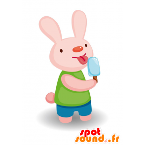 Roze konijn mascotte met ijs. zomer mascotte - MASFR029106 - 2D / 3D Mascottes