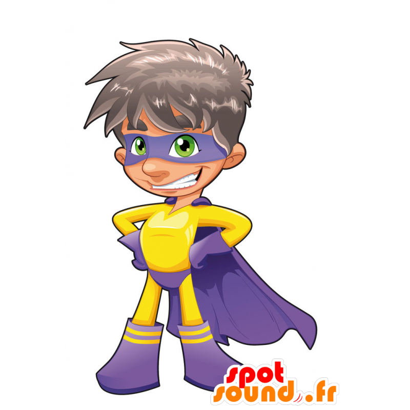 Mascotte de superhéros, avec un costume violet et jaune - MASFR029644 - Mascottes 2D/3D