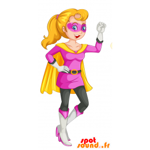 Mascot woman in pink and yellow superhero outfit - MASFR029741 - 2D / 3D mascots