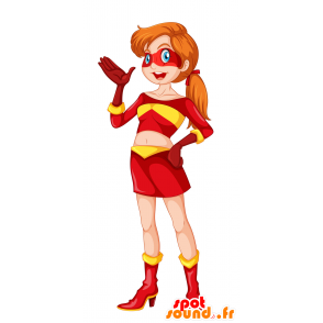 Maskottchen-Frau gekleidet in gelb und rot superhero - MASFR029778 - 2D / 3D Maskottchen