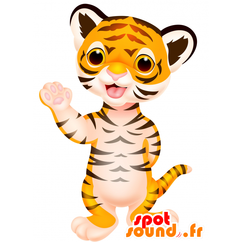 Orange, vit och svart tigermaskot. Baby tiger - Spotsound maskot