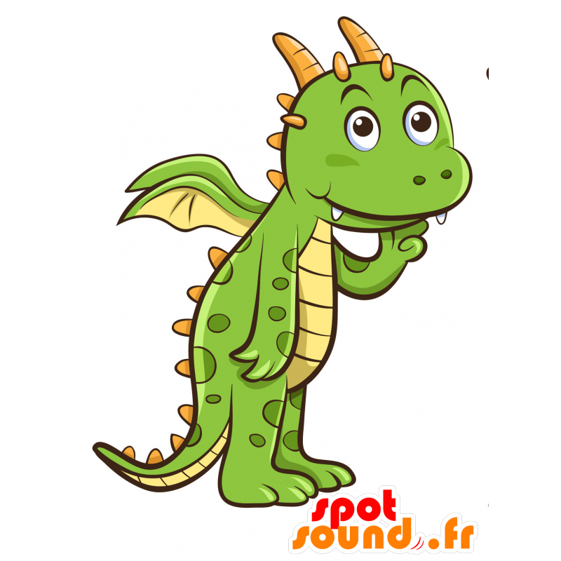 Groen en geel draak mascotte, gigantische en indrukwekkende - MASFR030287 - 2D / 3D Mascottes