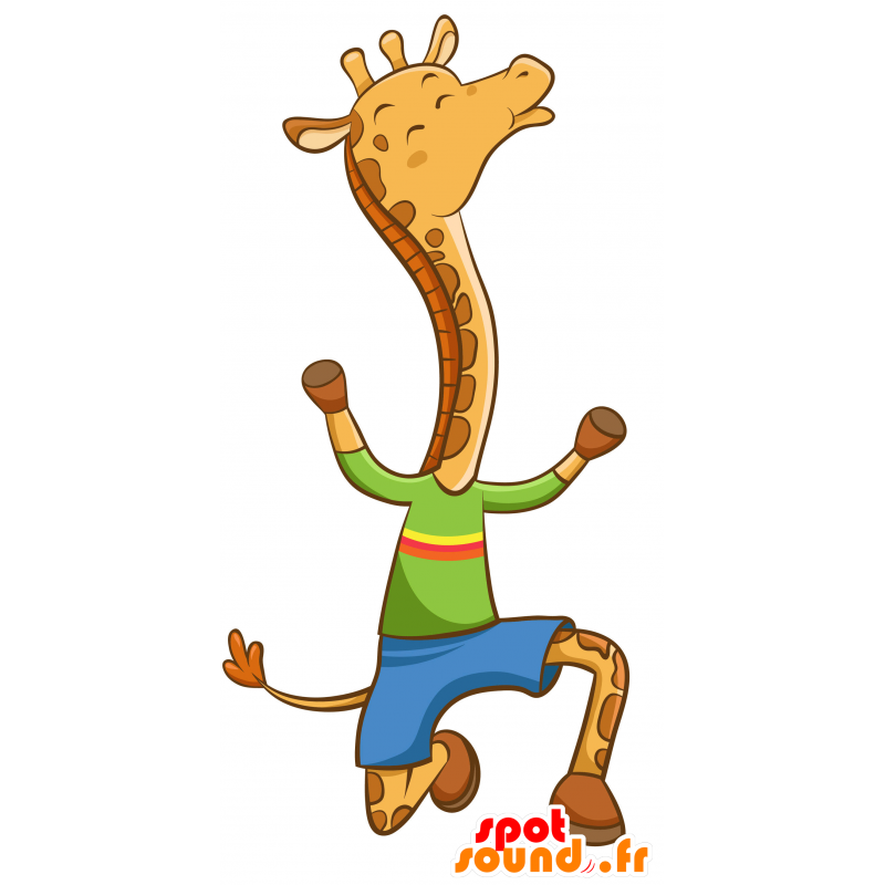 Mascot gelbe und braune Giraffe, mit einem bunten Outfit - MASFR030339 - 2D / 3D Maskottchen