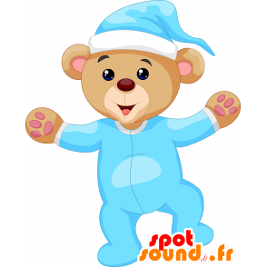 Mascot teddy bear, brown blue outfit - MASFR030375 - 2D / 3D mascots