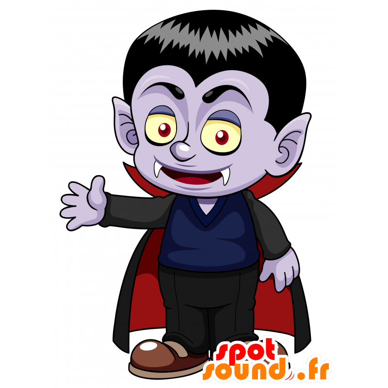 Mascotte viola vampiro con denti affilati