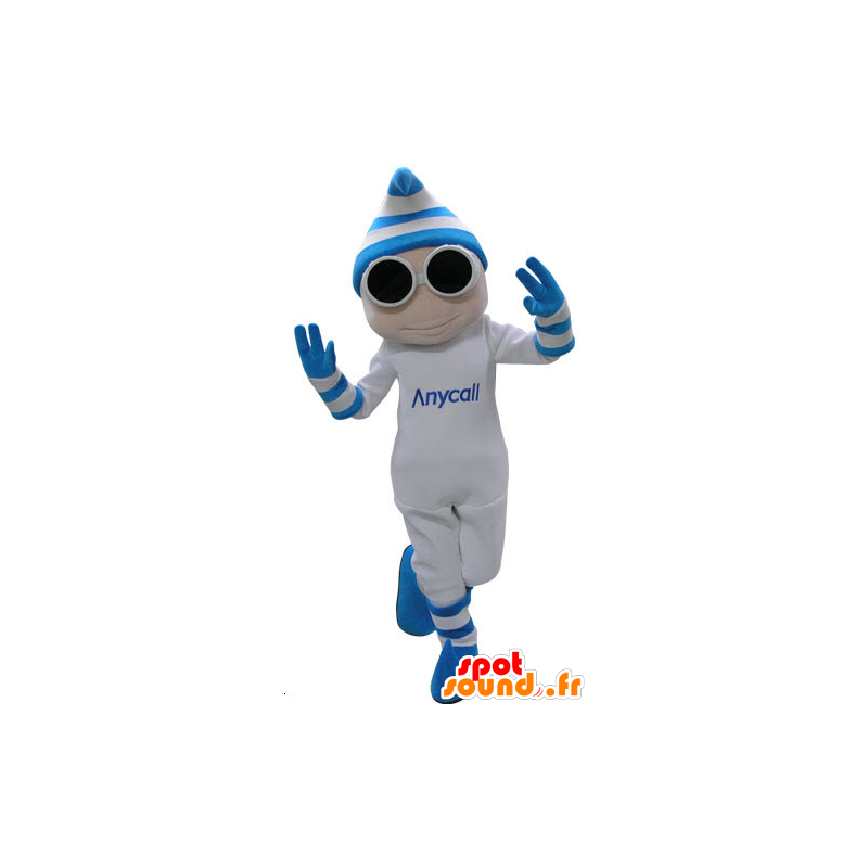 Mascotte de bonhomme blanc et bleu avec des lunettes et un bonnet - MASFR031157 - Mascottes Homme