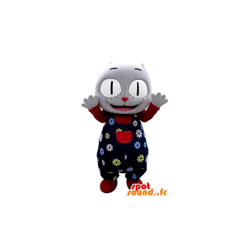 Mascotte de chat gris avec une tenue à fleurs - MASFR031384 - Mascottes de chat