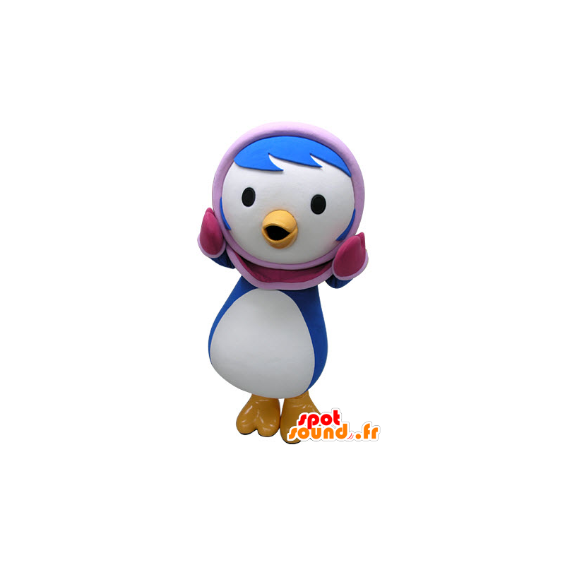 ペンギンのマスコット の ピンクのフード付き青と白のペンギンのマスコット
