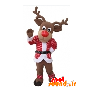 Mascota de Reno de Navidad con un traje rojo y blanco - MASFR031604 - Mascotas de Navidad