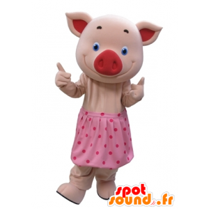 豚マスコット の 青い目と水玉のスカートとピンクのブタのマスコット