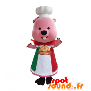 Rosa Biber-Maskottchen in Uniform Koch gekleidet - MASFR031728 - Biber Maskottchen