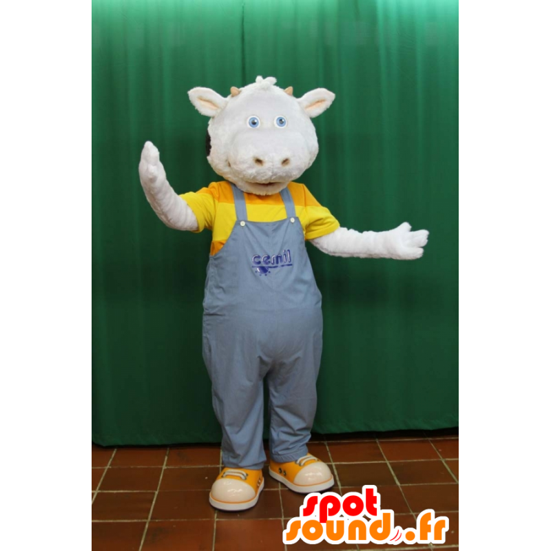 Mascot van zwarte en witte koe, het dragen van overalls - MASFR032160 - koe Mascottes