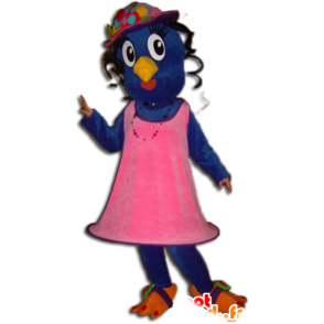 Bluebird mascotte en geel gekleed in een roze jurk - MASFR032244 - Mascot vogels