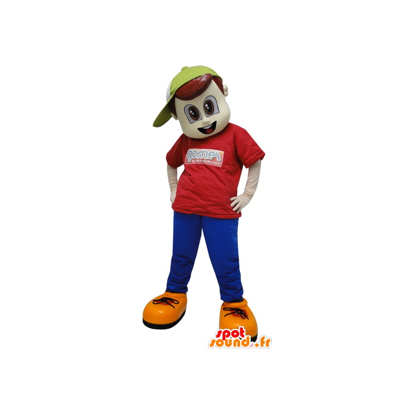 Mascote menino vestido em vermelho e azul com uma tampa - MASFR032312 - Mascotes Boys and Girls