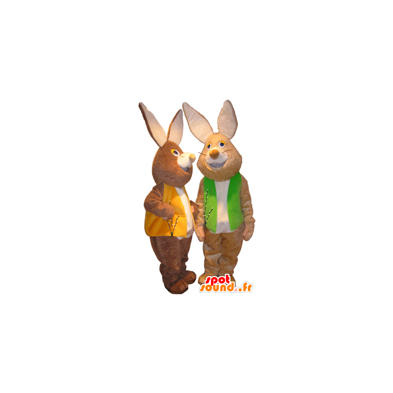 マスコットのウサギ の 色のベストを持つ2匹のマスコット茶色と白ウサギ 色変更 変化なし 切る L 180 190センチ 撮影に最適 番号 服とは 写真にある場合 番号 付属品 番号