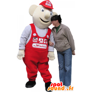 Valkoinen lumiukko maskotti, työntekijä punaisella haalareita - MASFR032507 - Mascottes Homme