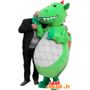 Mascota del dragón verde, blanco y rojo con los dientes grandes - MASFR032523 - Mascota del dragón