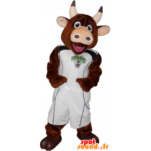 καφέ αγελάδα μασκότ με το μπάσκετ εκμετάλλευση - MASFR032692 - Μασκότ αγελάδα