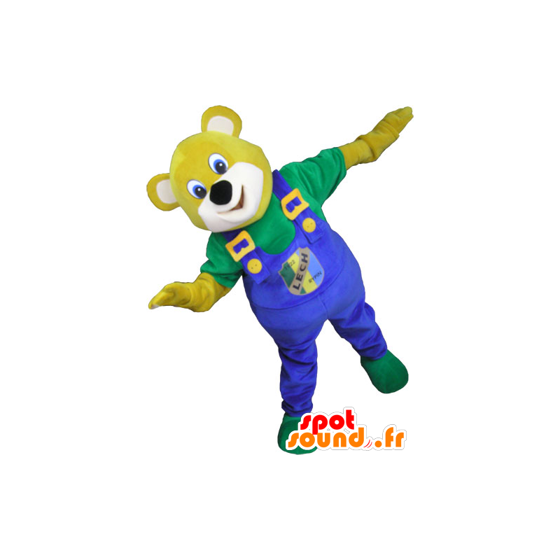 Žlutý medvěd maskot s modrými kombinézy - MASFR032791 - Bear Mascot