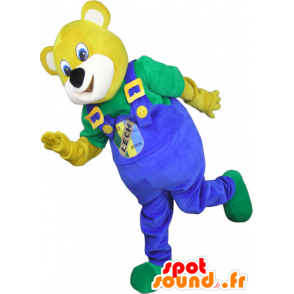 Žlutý medvěd maskot s modrými kombinézy - MASFR032791 - Bear Mascot