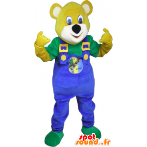 Žlutý medvěd maskot s modrými kombinézy - MASFR032791 - Bear Mascot