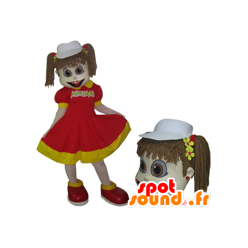 Mascot niña de vestido rojo y amarillo con edredones - MASFR032979 - Chicas y chicos de mascotas